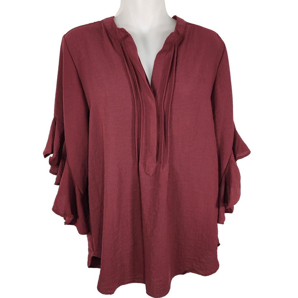 Vince Camuto Womens Ruffle Flutter Sleeve Split Neck Blouse Earth Red M Pleated